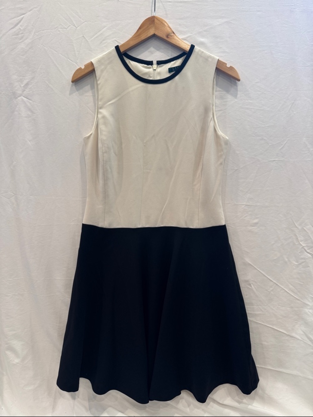 Ralph Lauren Two-Tone Sleeveless Fit-and-Flare Dress in Cream and Black, Size SM